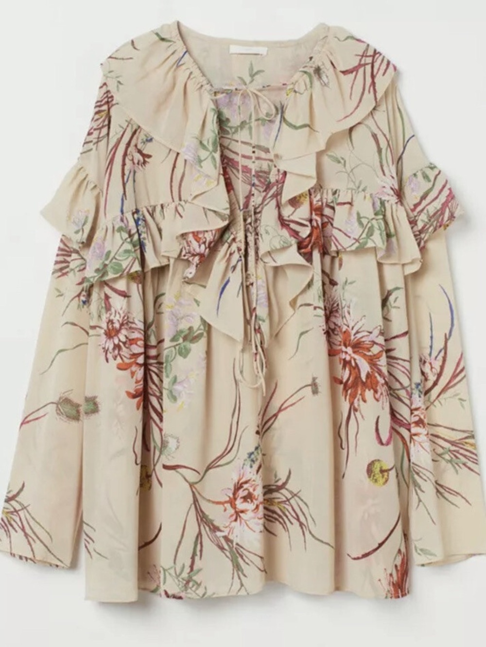 H&M Beige Floral Ruffle Tunic Top